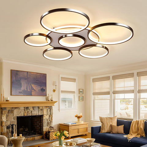 Modern living room with a stylish ceiling light fixture.