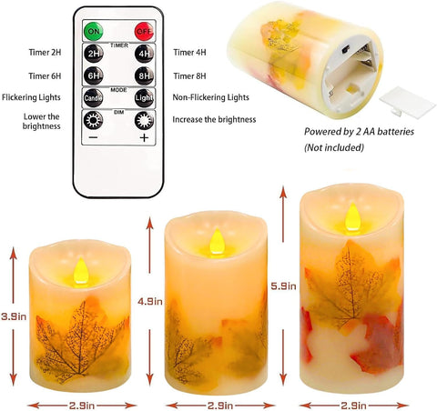 Halloween Flickering Flameless Candles, Set of 3 Candle Lamp with Remote Maple Leaf Battery Operated LED Candle with Timer, Real Wax Pillar Candles Lights Decor for Halloween Fall Thanksgiving Home
