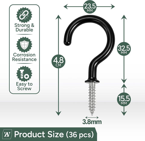 Zuvo 36 Pack Screw in Cup Hooks – Black Vinyl Coated Hooks for Wood, Walls & Ceilings – Make Everyday Hanging Storage Feel Effortless