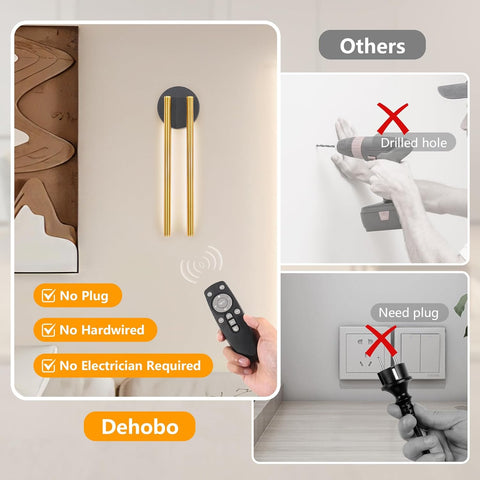 Rechargeable Gold Wall Sconce Lights Set of 2, 77cm, Remote Control