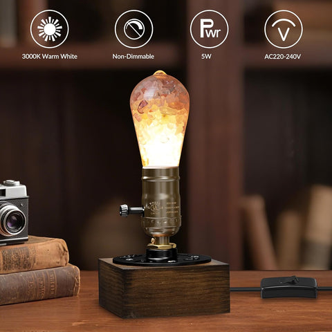 Lustaled Vintage Industrial Table Lamp with Wooden Base & Crystal-Filled E27 LED Bulb – 5W 3000K Warm White Bedside Lamp with 1.8m Cable for Bedroom, Desk & Living Room