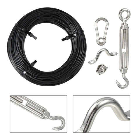 HAKIDZEL 50m Black Stainless Steel String Light Hanging Kit – PVC-Coated Wire Rope with Turnbuckles, Hooks, Straps, Screws & Cable Clamps for Outdoor Festoon Lights