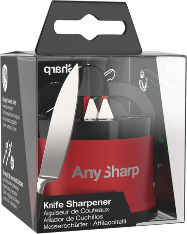 AnySharp Pro Metal Knife Sharpener – Hands-Free PowerGrip Suction | Sharpens All Knives | Hardened Steel & Serrated | Deep Red Finish