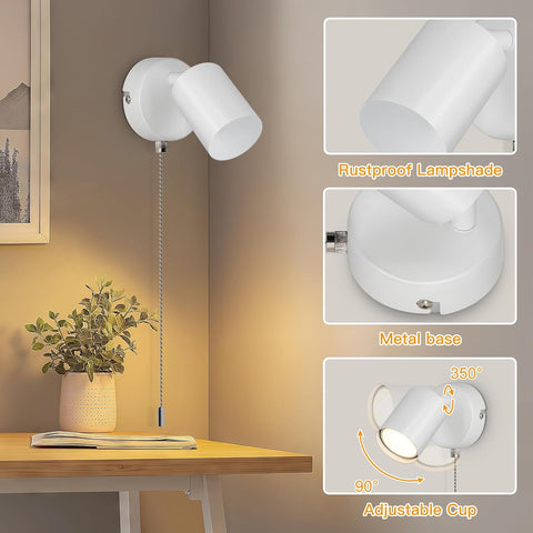 Modern Adjustable Indoor Wall Lamp - with Pull Cord Switch - White Wall Spotlight Fixtures - Wall Sconces for Bedroom Bedside Hallway - Bulb Not Included