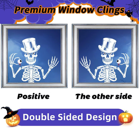AMLOOPH Halloween Window Stickers – 104-Piece Reusable Skeleton & Ghost Window Clings with Bats and Spiders, Large Double-Sided Halloween Decorations for Windows, Glass, Mirrors & Parties
