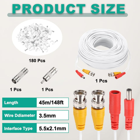 Video Power Cable,45m/148ft All-in-One Security Camera Wire Cord DC Extension Wire for CCTV Security DVR Camera System Installation Plug & Play Cord,1 Set White