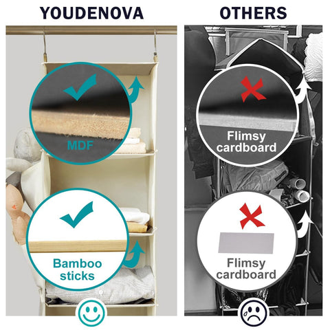 YOUDENOVA Hanging Wardrobe Organiser, 6 Shelves with Side Pockets, Grey – Make Every Shelf Count
