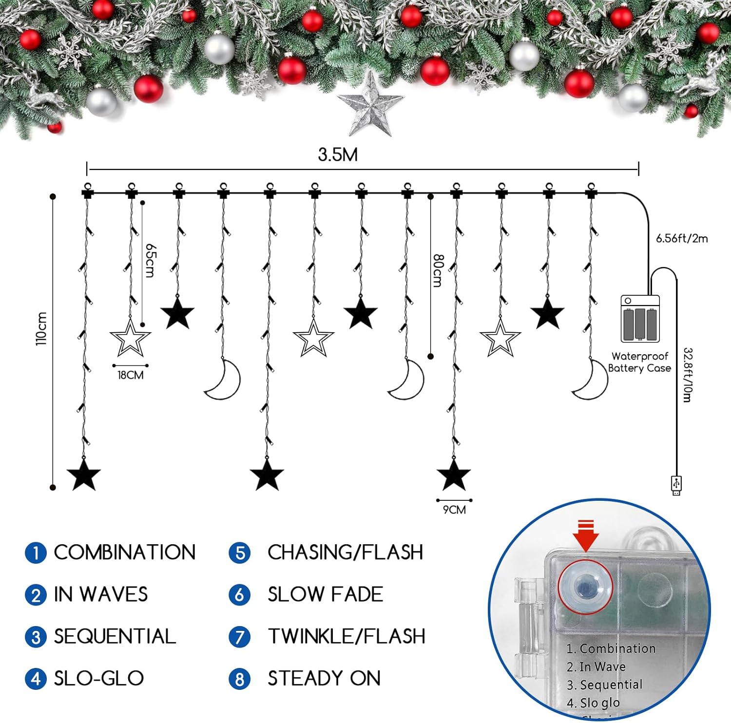 138 LED curtain lights with star and moon design