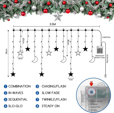 Ramadan Star Moon LED Curtain Lights – 3.5M Warm White String Lights with 8 Flashing Modes, USB & Battery Powered for Indoor and Outdoor Decoration