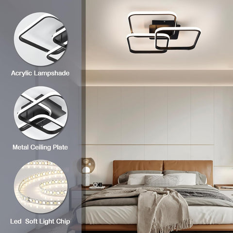 Modern ceiling light fixture in a bedroom setting with acrylic lampshade, metal ceiling plate, and LED soft light chip highlighted.