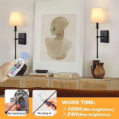 Battery Operated Wall Light Set of 2, Wireless Wall Lights with 15 Colors Dimmable Bulbs,Remote Control, Rechargeable Wall Sconces for Bedroom Living Room