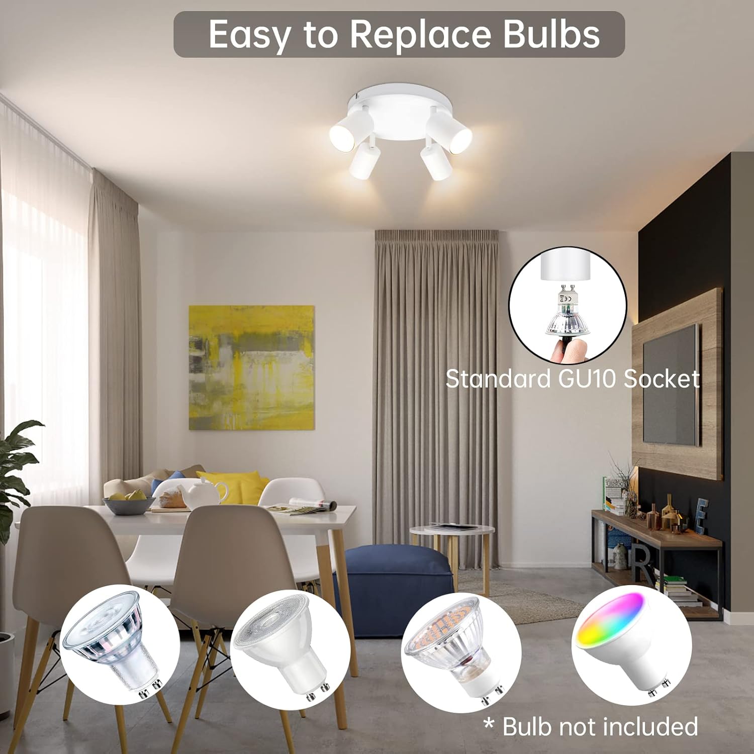 Ceiling light fixture with multiple bulbs in a living room setting, highlighting easy bulb replacement.