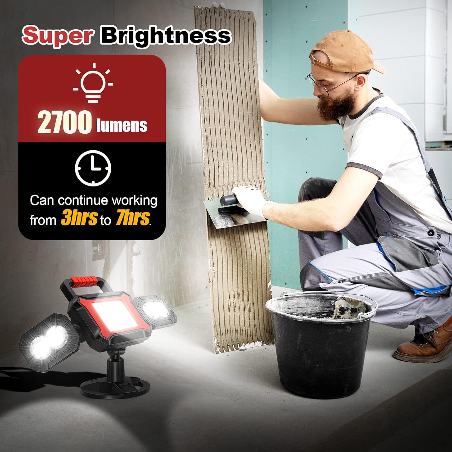 Person working with a light source on a construction site, highlighting 2700 lumens and extended runtime.