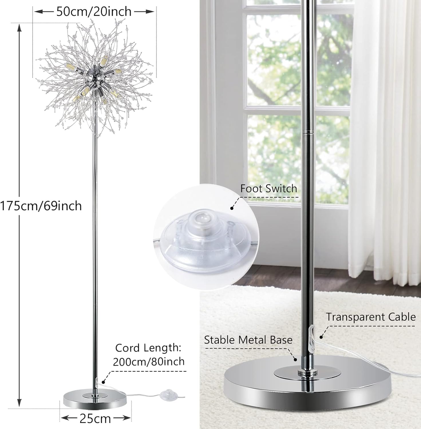 Floor lamp with measurements and features labeled in a room setting