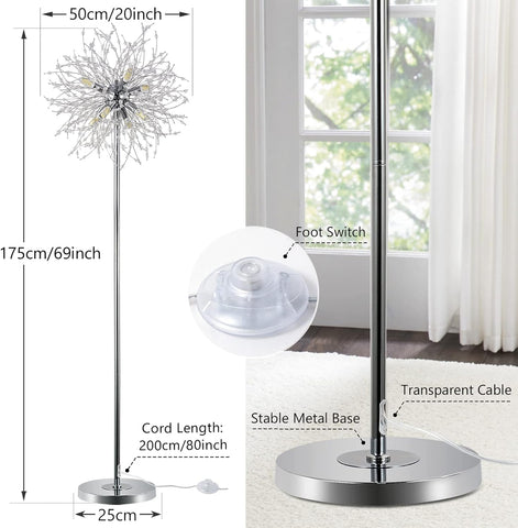 Floor lamp with measurements and features labeled in a room setting