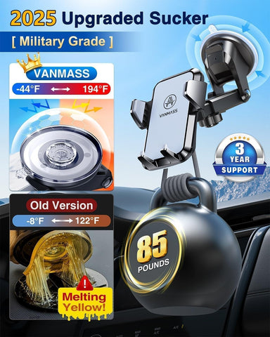 VANMASS Military-Grade Car Phone Holder Mount with 65LBS Suction, Steel Vent Clip, and Patented Stability for iPhone & Samsung