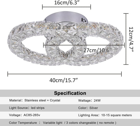 Crystal Chandelier Light Fixture LED Ceiling Lamp 2-Rings Flush Mount