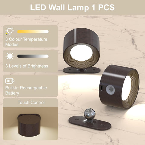 Battery Operated Wall Lights Wall Lamp with Remote Control Dimmable with Rechargeable Batteryfor Living Room Dark Brown Color 1 Pcs
