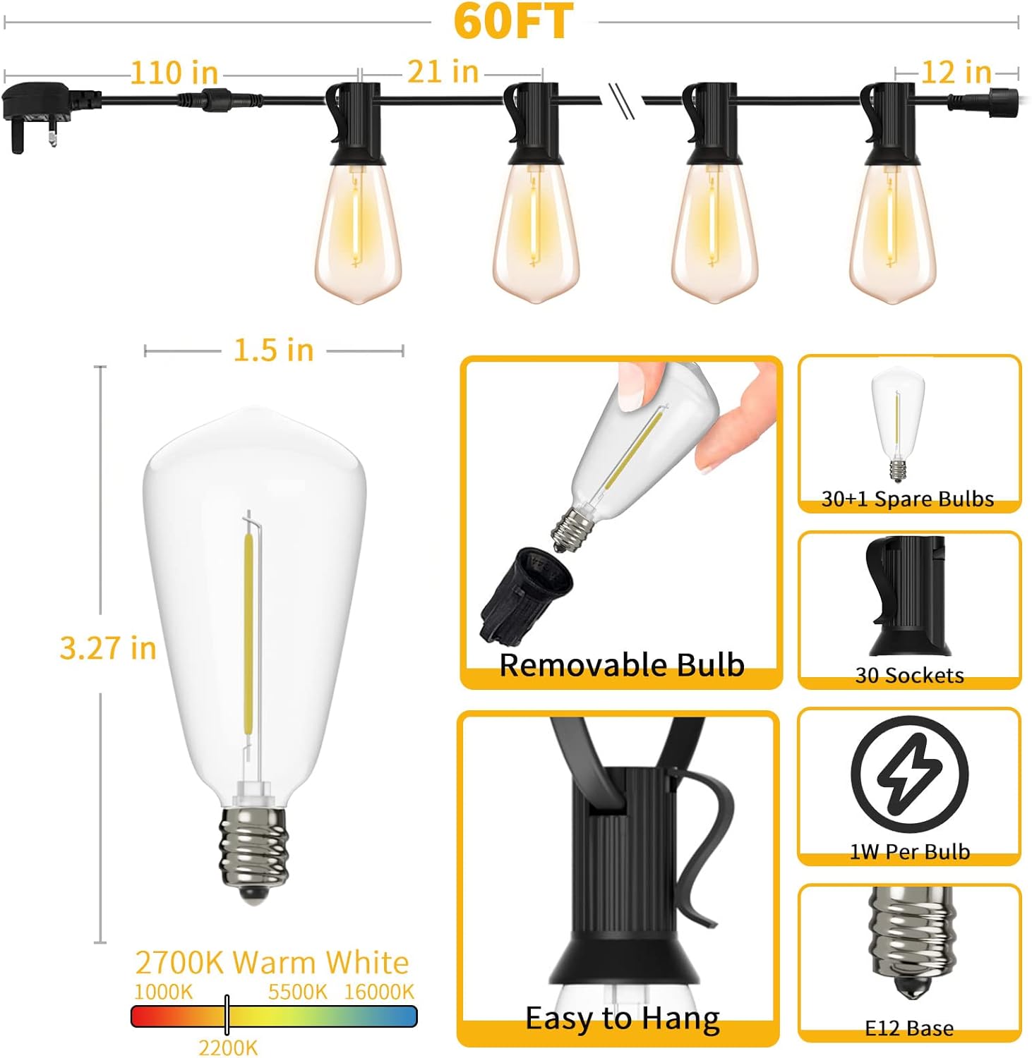 String lights with detailed specifications and features on a white background