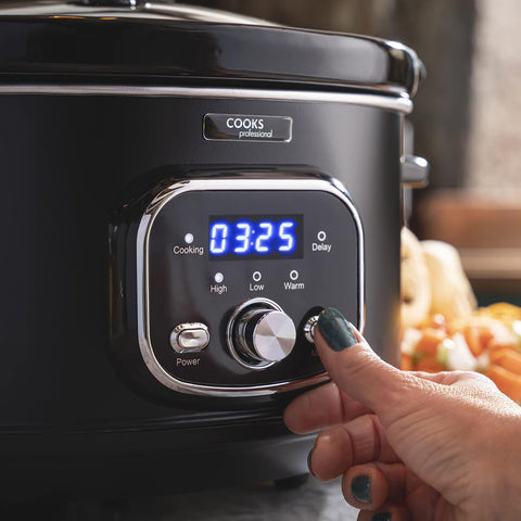 Cooks Professional 6.5L Digital Slow Cooker with Glass Lid, Cool Touch Handles, 2 Heat Settings, Keep Warm & Delay Timer – Black