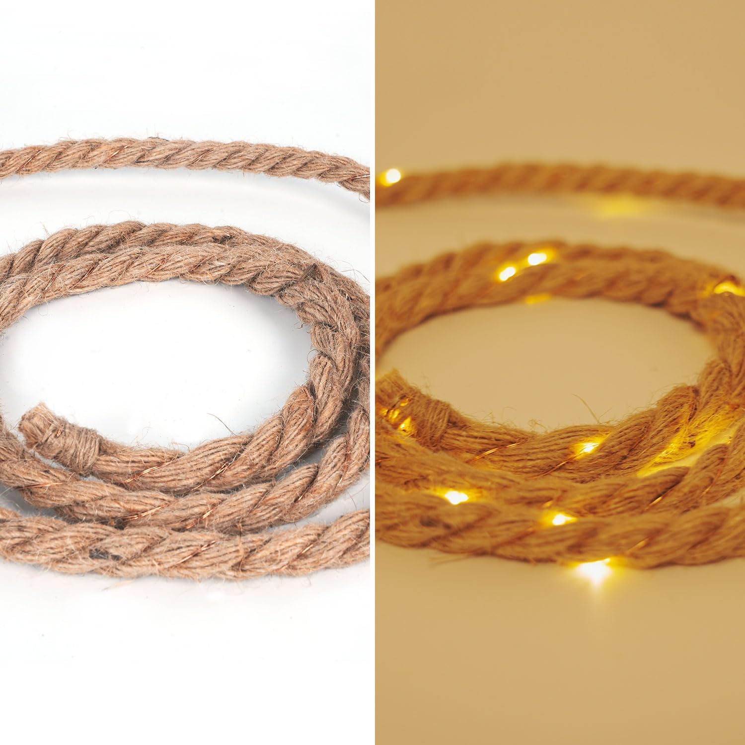 Braided rope on a white background and illuminated with small lights on a beige background.