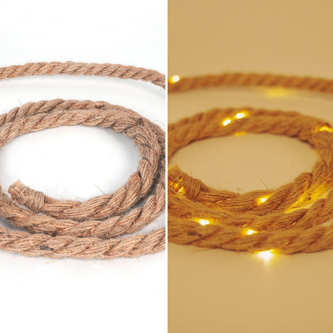Braided rope on a white background and illuminated with small lights on a beige background.
