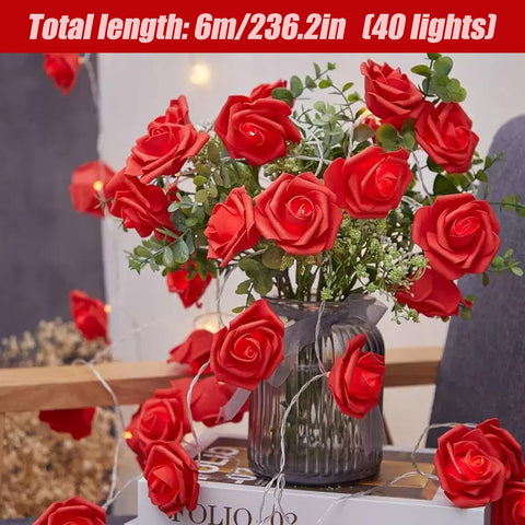 Hot Red Rose Flower Fairy String Lights 6M with 40 LEDs, Battery Operated Decorative Lights for Romantic Décor
