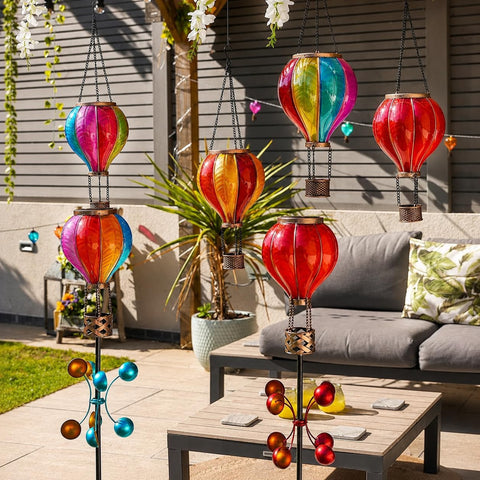 Festive Lights 1.15m Red Solar Hot Air Balloon Wind Spinner Stake Light – 20 Amber LED Flickering Flame Effect Garden Ornament, IP44 Weather Resistant Outdoor Lighting