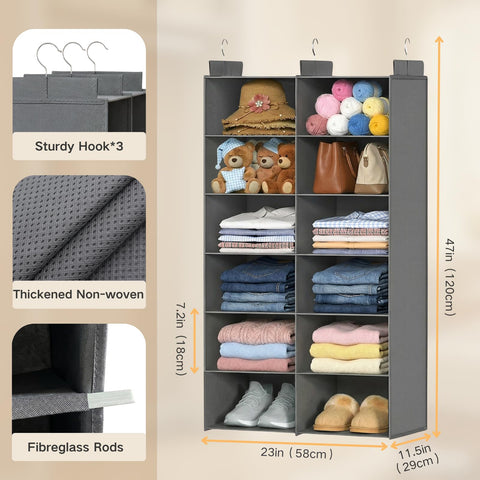 ALLTIDYUP 5-Tier Dual-Row Hanging Wardrobe Organiser, Grey – Foldable Storage Shelves for Clothes, Shoes & Bags