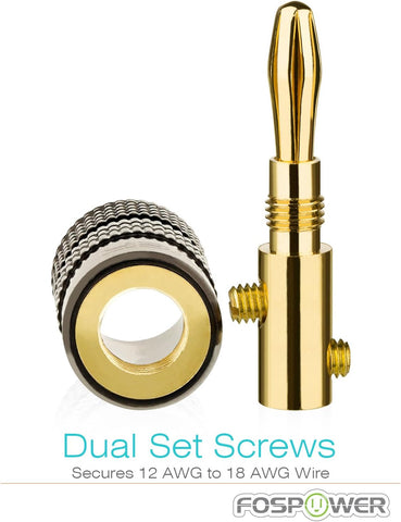 FosPower Banana Plugs 2 Pairs / 4 pcs, Closed Screw 24K Gold Plated Banana Speaker Plug Connectors for Speaker Wire, Wall Plate, Home Theater, Audio/Video Receiver, Amplifiers and Sound Systems