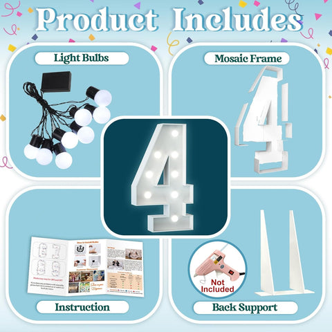 3FT Light Up Numbers Birthday Decoration Large Marquee Numbers 4 for 4th 40th Birthday Party Decor Wedding, Big Number Frame Foam Cardboard Mosaic Arch Stand Pre-cut Numbers
