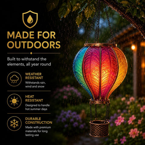 Festive Lights 45cm Solar Hot Air Balloon Lantern – Rainbow Multicolour Flame Effect Hanging Garden Light for Patio, Balcony & Outdoor Décor