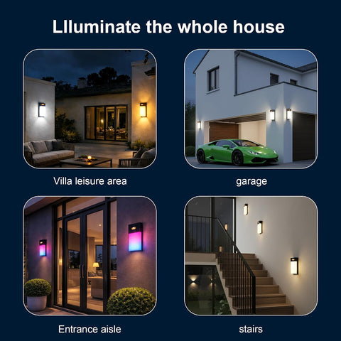 Outdoor Wall Light, 1500LM Smart RGBIC Porch Lights Outdoor with 45 Scene Modes, DIY, IP65 Waterproof Exterior Lighting Fixtures, Modern Decor for Garage, House, Patio, Garden, Yard, Party(2 pieces)
