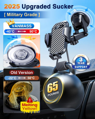 VANMASS 2025 Black Car Phone Holder with Upgraded Suction & Vent Clip