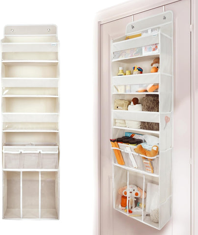 EZVERY Over the Door Baby Nappy Organiser, Beige Hanging Nursery Storage with 3 Bins, Removable Nappy Caddy and 10 Mesh Side Pockets