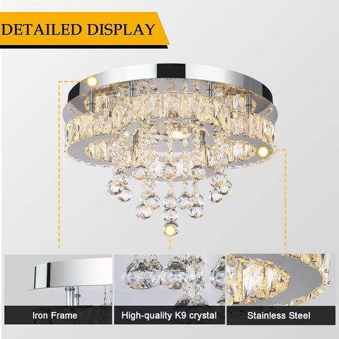 Crystal LED Chandelier Ceiling Light Flush Mount Fixture 15.75 Inch