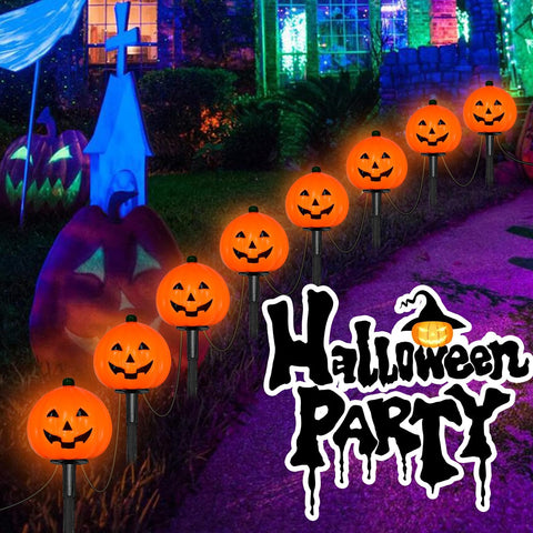 2 Sets 7ft Halloween Pathway Lights, Outdoor Pumpkin Stake Lights with 4 Jack-O Lanterns and 4 Stakes for Halloween Decorations Outdoor Walkway