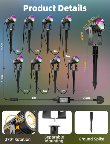 Arotelicht 8Pack 24V LED Garden Spike Lights Mains Powered RGB + Warm White