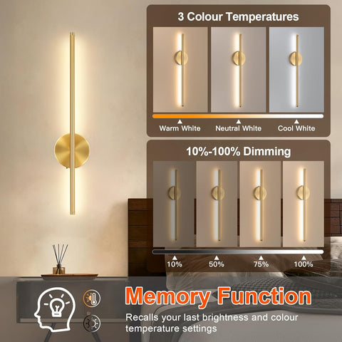 2 Pack USB Rechargeable Gold LED Wall Lights - Dimmable & Remote