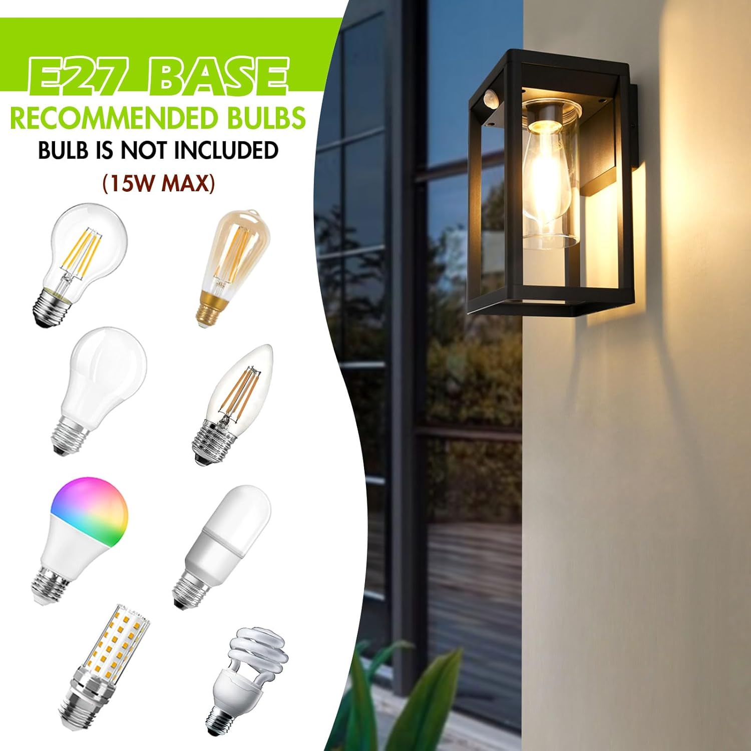 Outdoor wall light fixture with recommended E27 base bulbs displayed on a white background.