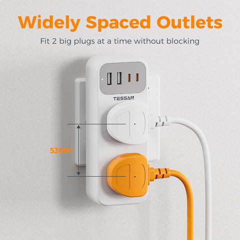 TESSAN Double Plug Adapter UK with 2 USB-C & 2 USB-A Ports – 6-in-1 Multi Plug Socket for Home, Office & Travel - Give Every Device Its Own Little Corner
