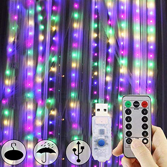 300 LED Curtain Lights, USB Plug in Window Lights, 3m x 3m 8 Modes Remote Control Fairy Light Waterproof LED Copper String Lights for Outdoor Indoor Wedding Party Garden Bedroom Decoration, Multicolor