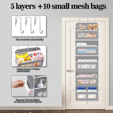 KYEVIS Over The Door Storage Organiser, 5 Shelves with 10 Mesh Pockets, Dark Grey – Keep Baby Essentials Neatly Within Reach