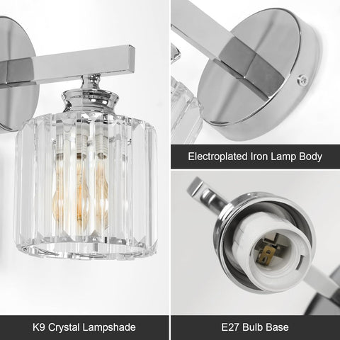 Modern Crystal Wall Light, E27 Silver Round LED Sconce for Bedroom & Hallway