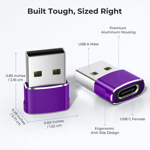 USB to USB-C Adapter 3-Pack (Purple) – Type-C Female to USB-A Male Converter for iPhone 11–16, Apple Watch Series 7/8, iPad Air/Mini, Samsung Galaxy S22/S23/S24