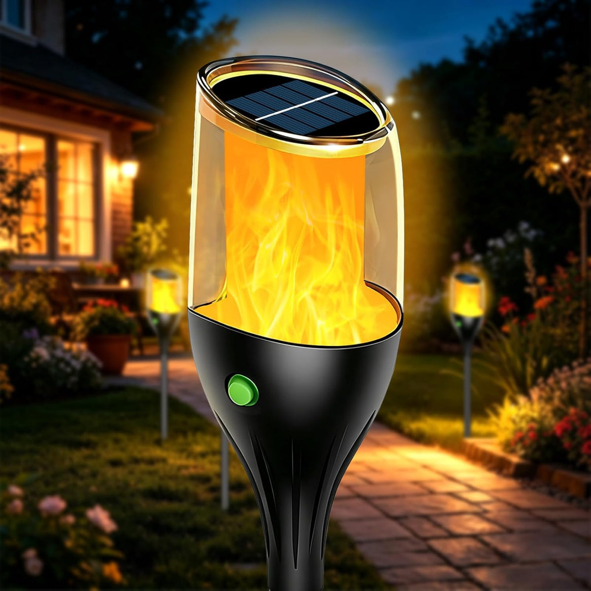1PCS Solar Flickering Flame Lights, 12 LED Solar Pathway Stake Lights 64CM Tall, IP65 Waterproof for Patio Path Porch Yard Outdoor Garden Garage Deck Stairway Gate