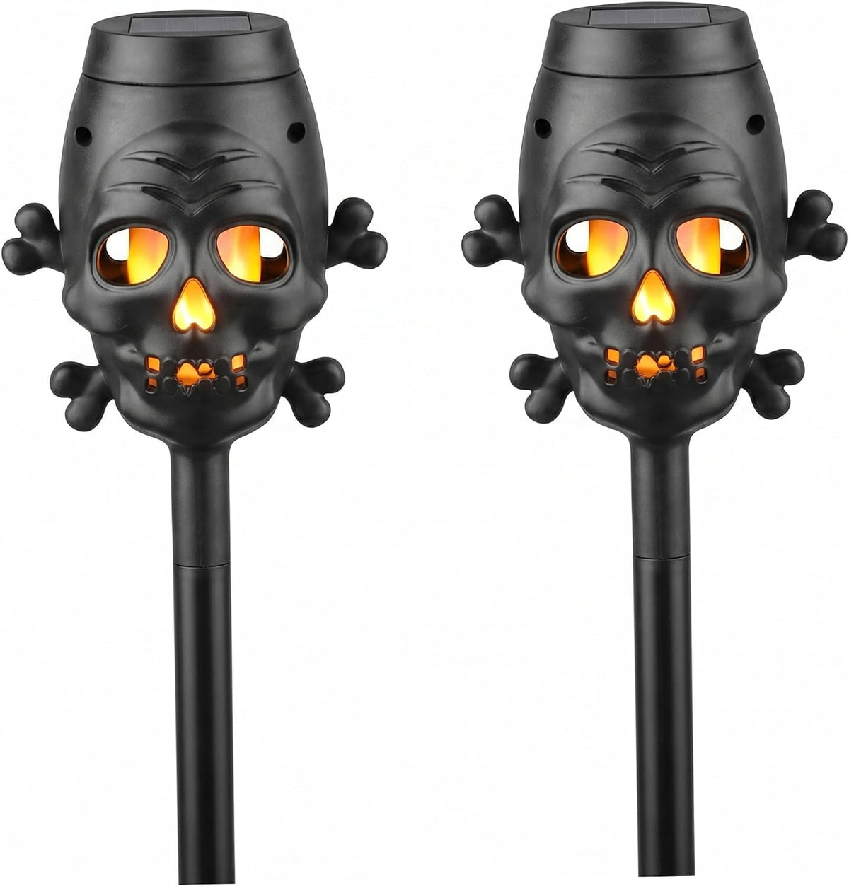 2Pcs 6.9in Flickering Flame Skull Solar Torch Light for Garden Pathway in Yellow