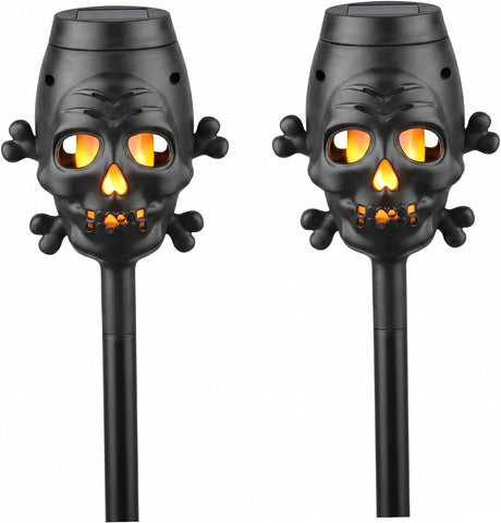 2Pcs 6.9in Flickering Flame Skull Solar Torch Light for Garden Pathway in Yellow