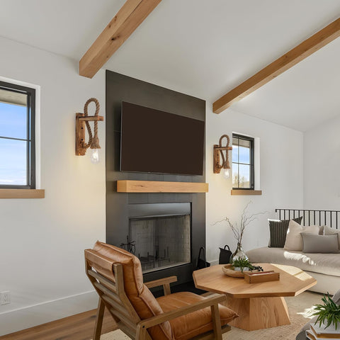 Farmhouse Wood Wall Sconce Hemp Rope Set of 2