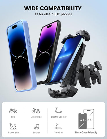 Motorcycle Phone Holder with Quick Release Clamp  13 12 11 Pro Max Mini, Xs, 4.7-6.8” Phone black